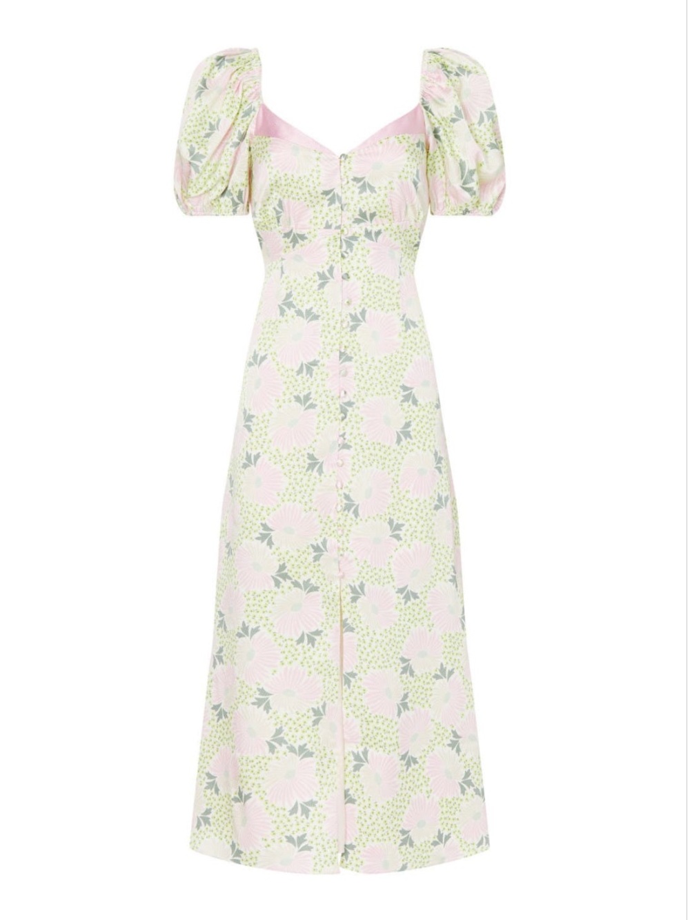 Ted Baker Pink and Pale Green Floral Midi Dress with Puff Sleeves